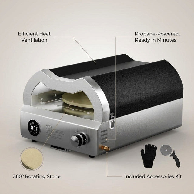 12 In. Propane Pizza Oven, Outdoor Pizza Oven in Black with Rotating Pizza Stone, Glove and Pizza Cutter — Lifestyle