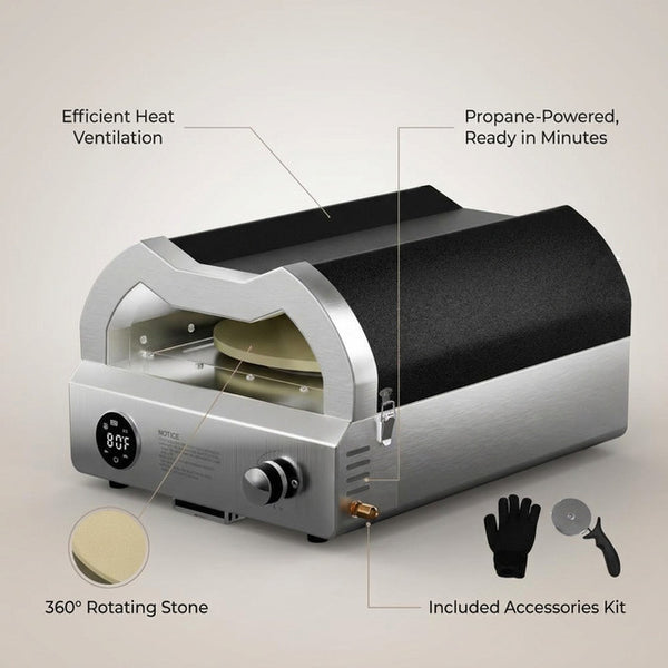 12 In. Propane Pizza Oven, Outdoor Pizza Oven in Black with Rotating Pizza Stone, Glove and Pizza Cutter — Lifestyle