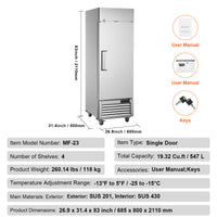 27" Commercial Freezer Reach in Upright Freezer Single Door 4 Shelves Solid Door