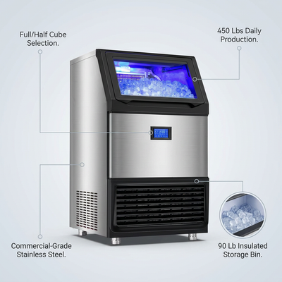 26.54 In. 450 Lbs. 24H Full/Half Size Cube Commercial Freestanding Ice Maker in Stainless Steel with 90 Lbs. Storage Bin