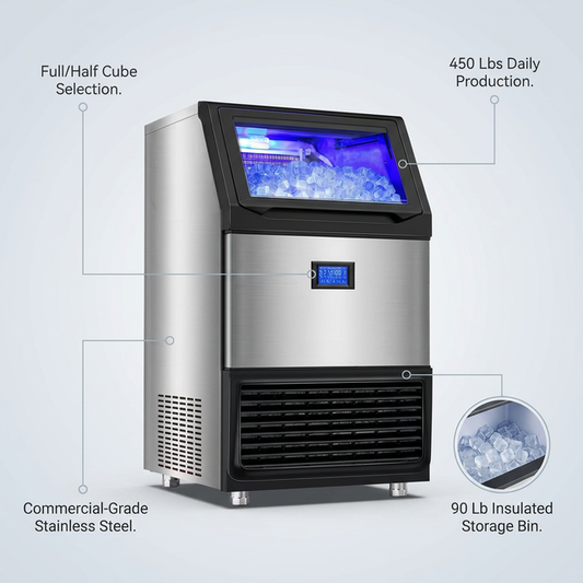 26.54 In. 450 Lbs. 24H Full/Half Size Cube Commercial Freestanding Ice Maker in Stainless Steel with 90 Lbs. Storage Bin — Lifestyle