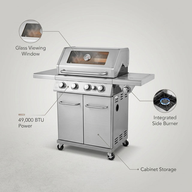 4-Burner Propane Gas Grill with Side Burner with Glass Viewing Window, Cabinet Style, Silver — Lifestyle