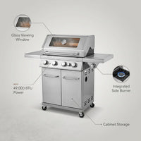 4-Burner Propane Gas Grill with Side Burner with Glass Viewing Window, Cabinet Style, Silver — Lifestyle