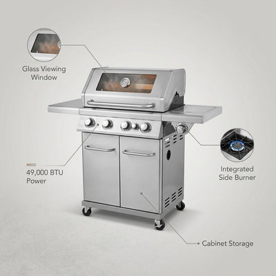 4-Burner Propane Gas Grill with Side Burner with Glass Viewing Window, Cabinet Style, Silver