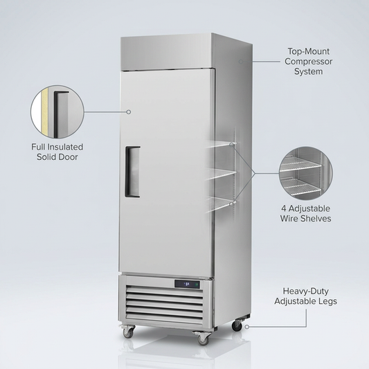 27" Commercial Freezer Reach in Upright Freezer Single Door 4 Shelves Solid Door — Lifestyle