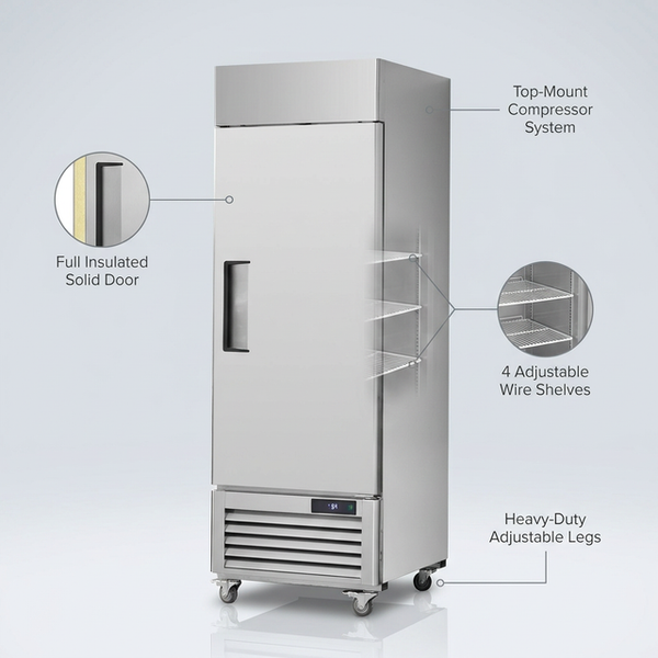 27" Commercial Freezer Reach in Upright Freezer Single Door 4 Shelves Solid Door — Lifestyle