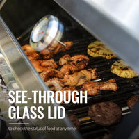 4-Burner Propane Gas Grill with Side Burner with Glass Viewing Window, Cabinet Style, Silver