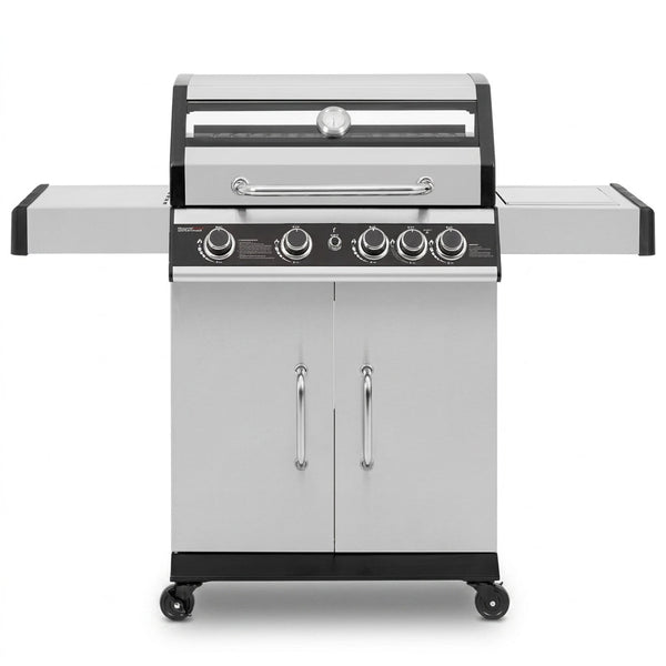 4-Burner Propane Gas Grill with Side Burner with Glass Viewing Window, Cabinet Style, Silver